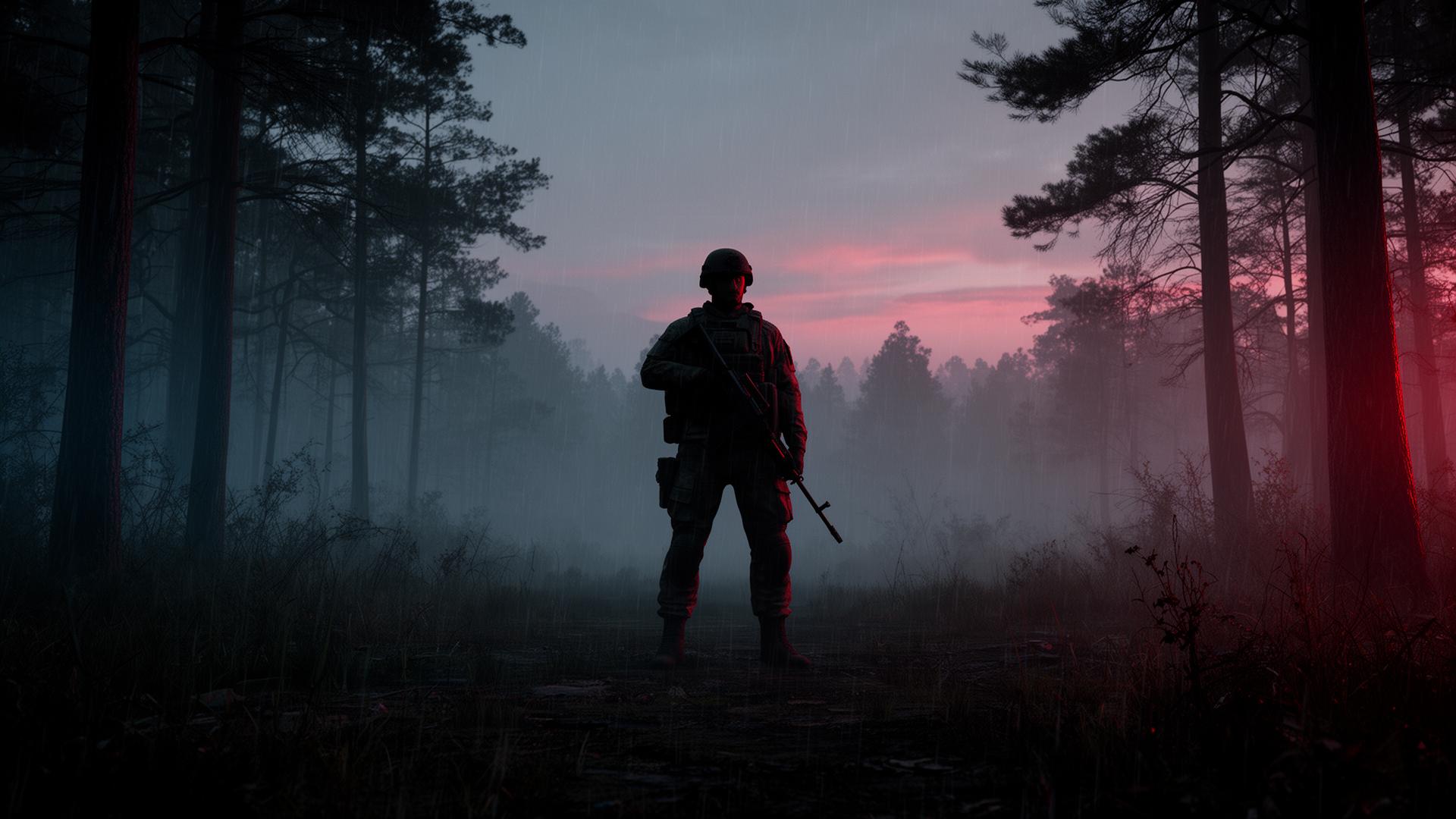 Survivant militaire dans une forêt sous la pluie, ambiance DayZ